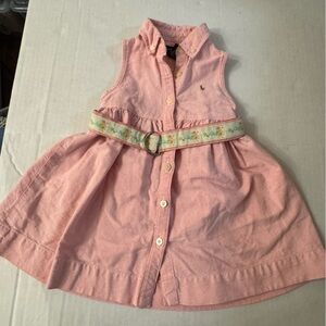 Ralph Lauren Toddler Baby Girls Pink Belted Oxford Sleeveless Button Down Dress